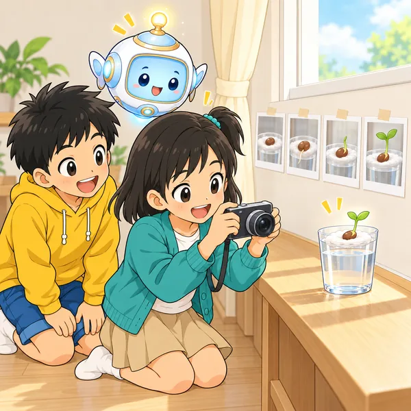 ミオが豆の写真をとり、窓辺に写真をならべて待っている。