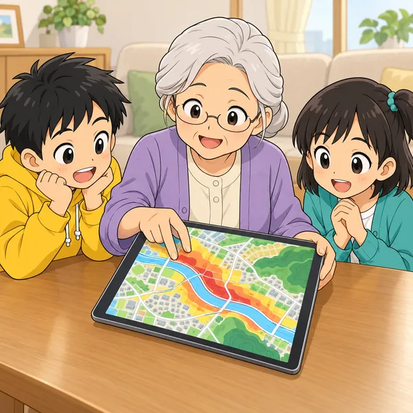おばあさんがタブレットで色分けされた町の地図を拡大し、ハルとミオに見せている。