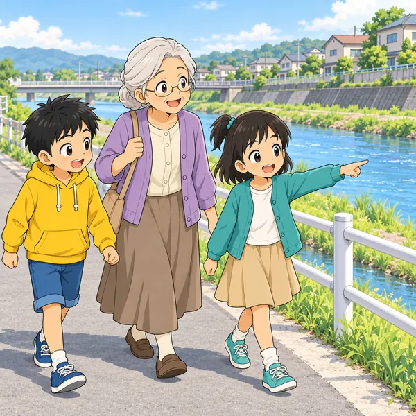 ハルとミオとおばあさんが、家の近くの川のそばを歩き、ミオが川を指さしている。