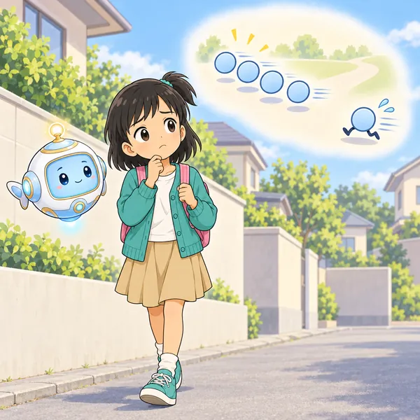 下校中、ミオが、自分だけ返事がおそいと心配している。