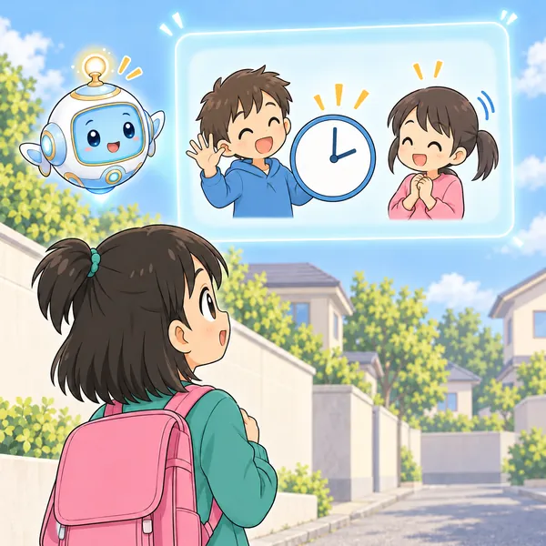 AIロボットが、時計の絵を見せて手をふる子と、うなずく友だちの絵を見せている。