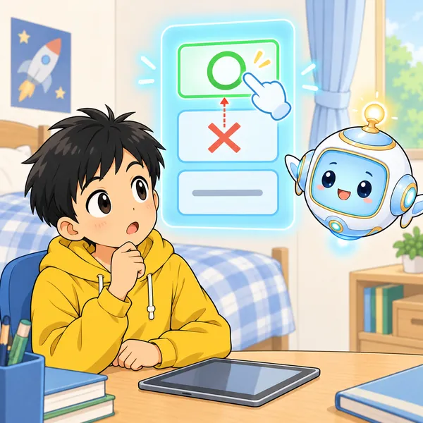 AIロボットの窓の中に、ことばの候補の箱が並び、指がとなりの箱を押してしまう図がある。