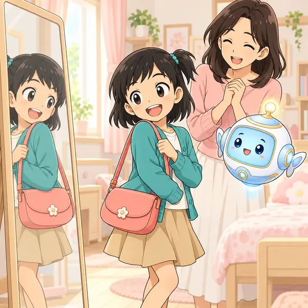 ミオが、フリマで買ったカバンを肩にかけて鏡の前でよろこんでいる。