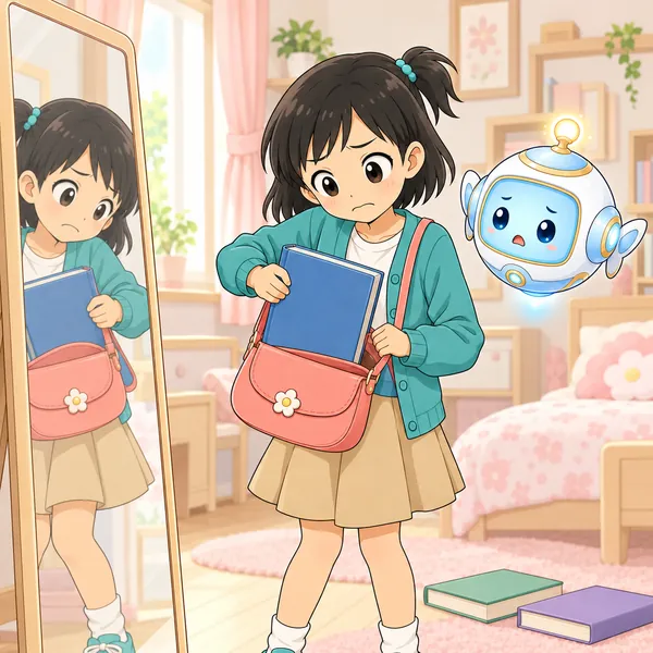 ミオのカバンに本が入らず、こまった顔をしている。
