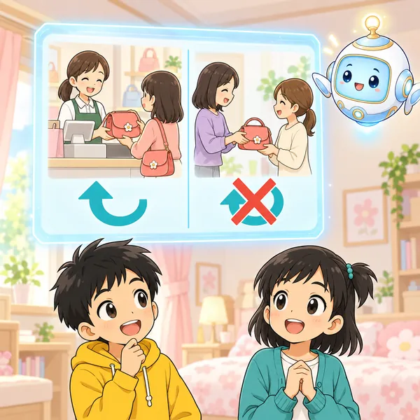 AIロボットが、お店は返品の矢印、人と人の売り買いは返品の矢印に×の窓をうかべている。