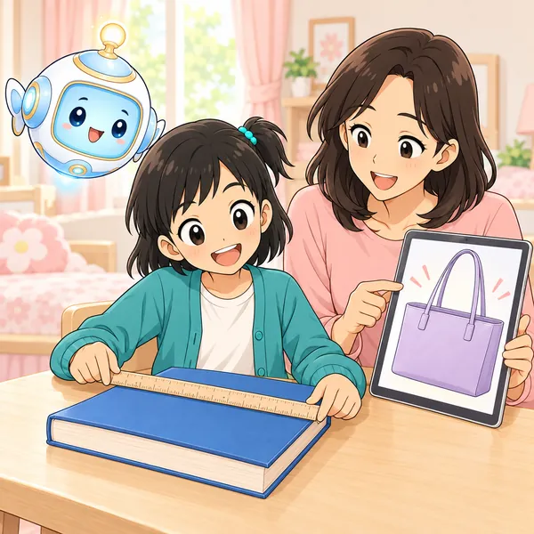 ミオがお母さんといっしょに、本を測って次のカバンの大きさを確かめている。