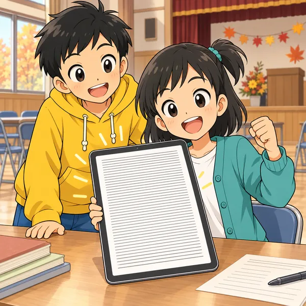 集会所で、ミオがぎっしり文字の行がならぶお知らせを作り、満足そうにしている。