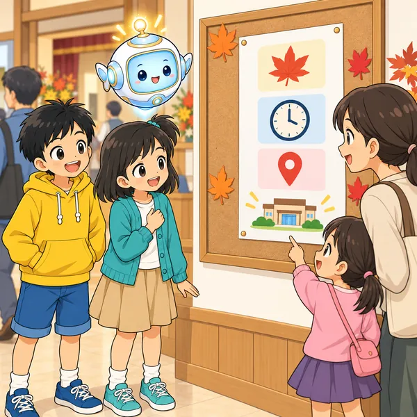 大事な3つにしぼったお知らせの前で親子が足を止め、ミオとハルが笑顔になっている。