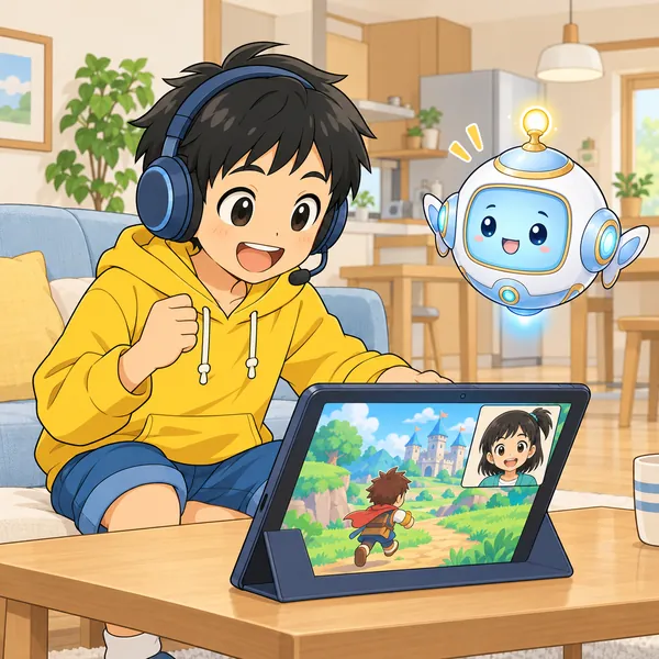 ハルがヘッドセットをつけて、ボイスチャットをしながらゲームを始めようとしている。