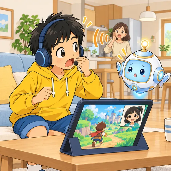 キッチンからお母さんがよぶ声が聞こえ、ハルがマイクをおさえておどろいている。