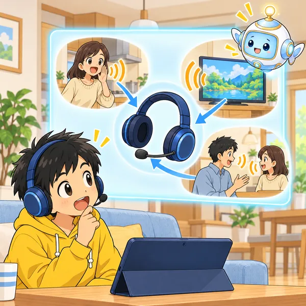 AIロボットが、部屋中の音がマイクに集まってくる様子を窓で見せている。
