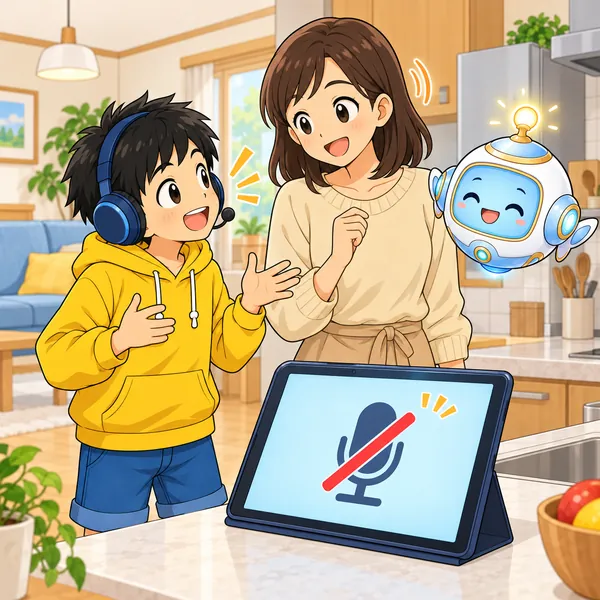 ハルがお母さんに声をかけ、タブレットにはミュートのマークが出ている。