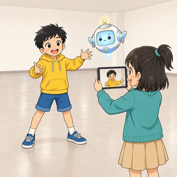 がらんとした集会室で、ハルが大きな声で話してお知らせの動画を撮っている。