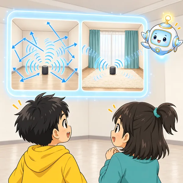 AIロボットが、声がかべにはね返る部屋とやわらかく吸われる部屋を窓で見せている。