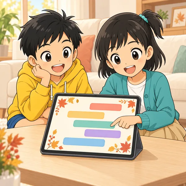 リビングで、ミオが札の位置がばらばらな時間の案内を作っている。