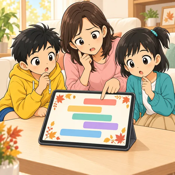ミオのお母さんが画面を指で追おうとして、こまった顔をしている。