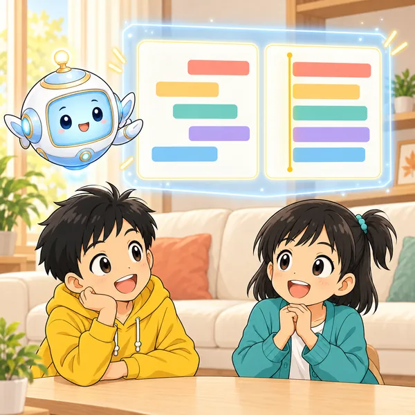 AIロボットが、位置がばらばらの案内と、左はしをそろえた案内をくらべる図を見せている。