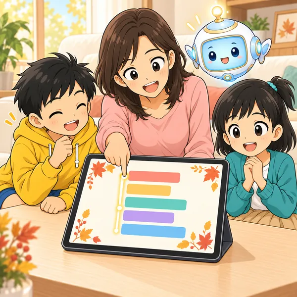 左をそろえた案内を、ミオのお母さんが指で上から追ってにっこりしている。