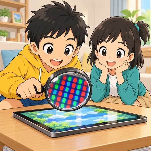ハルが虫めがねでタブレットの画面をのぞき、赤・緑・青の小さな光の点が見えている。