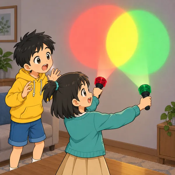 暗い部屋で、ミオが赤と緑の懐中電灯を壁に向け、重なったところが黄色く光っている。