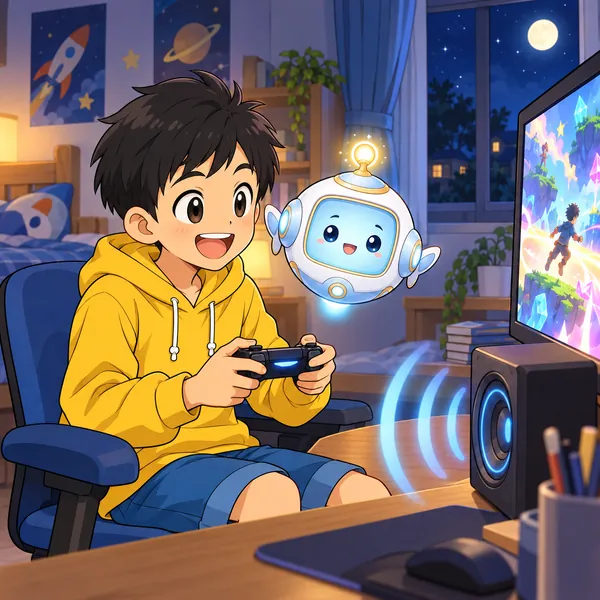 夜、ハルがスピーカーから低い音を出してゲームをしている。