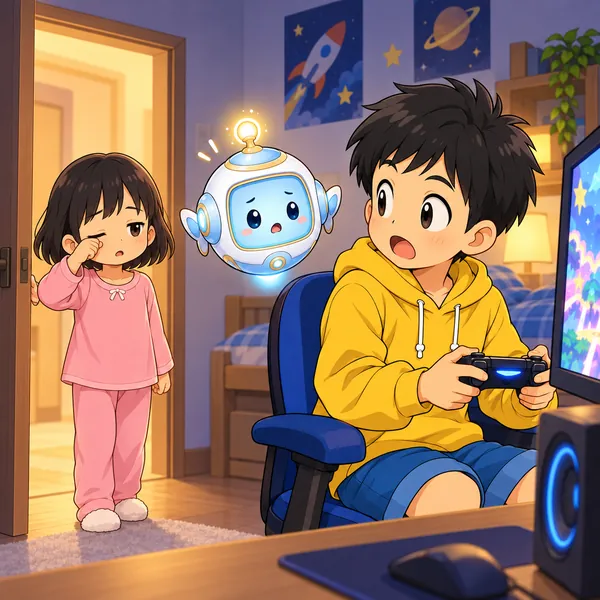 パジャマ姿の妹が目をこすって部屋のドアに立ち、ハルがおどろいている。