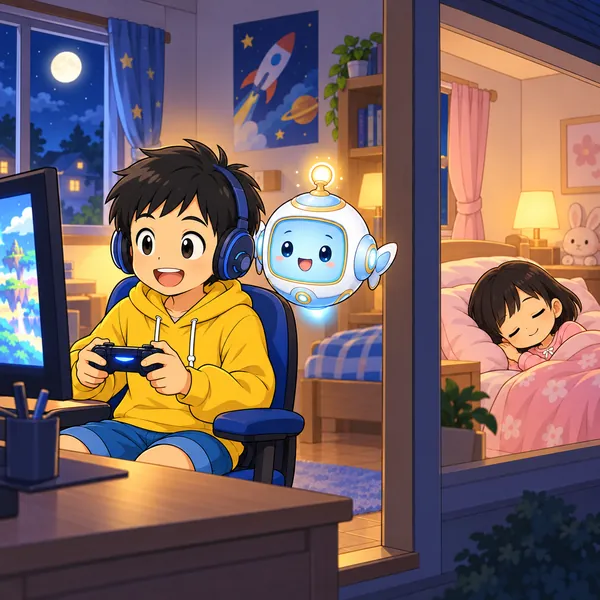 ハルがヘッドホンでゲームをし、となりの部屋で妹が眠っている。