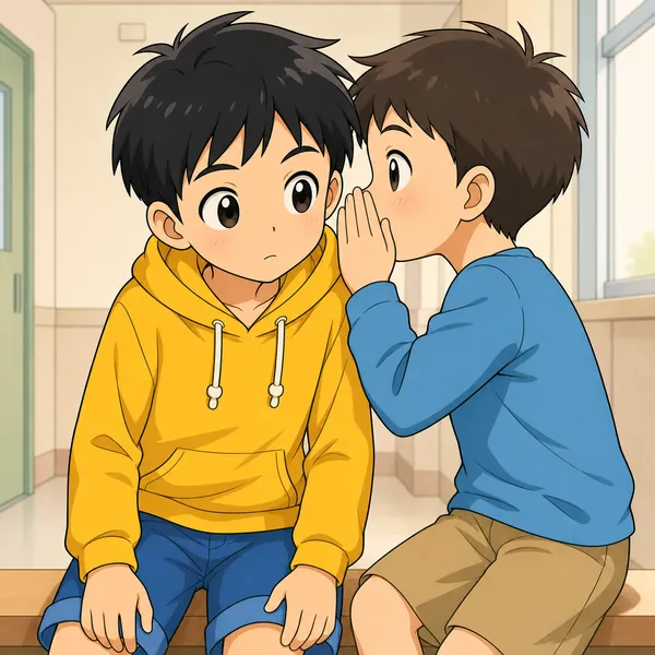 別の小学生の友だちが、ハルの耳もとでこっそりと秘密を打ち明けている