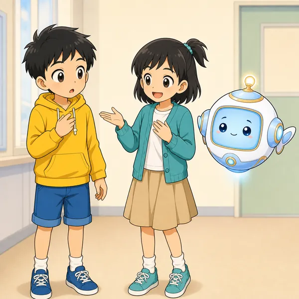 ミオとアイがハルのそばで、秘密を守ることの大切さをやさしく伝えている