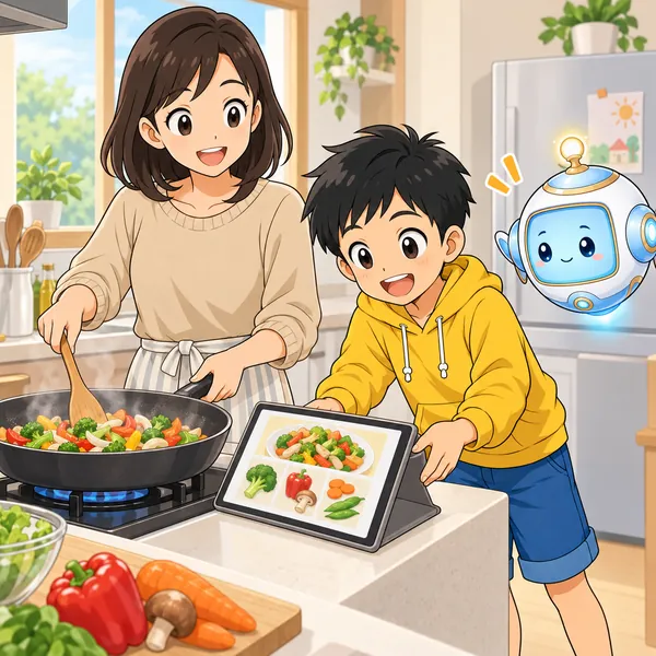 ハルの家の台所で、お母さんが野菜いためを作り、ハルがフライパンのすぐ横にタブレットを置こうとしている。