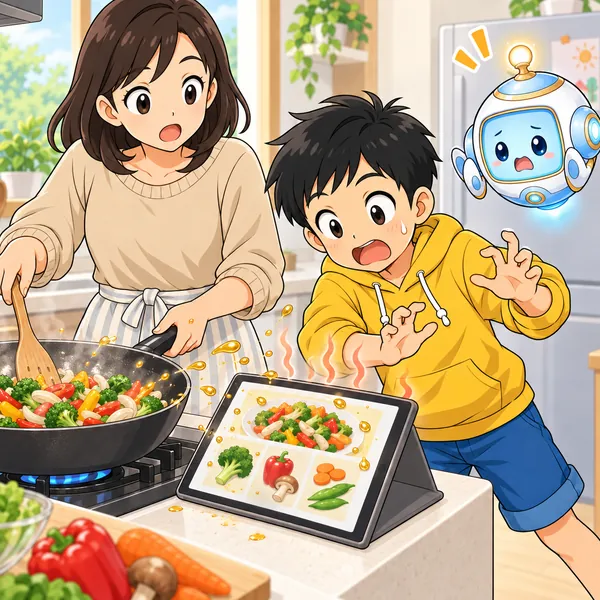 油がはねてタブレットにかかり、ハルがびっくりして手を引っこめている。