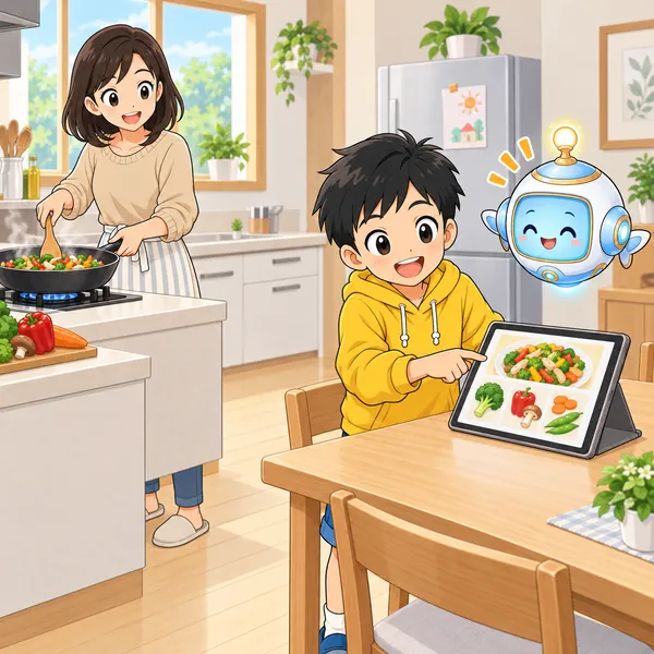 はなれたテーブルのタブレットからハルがレシピを読み上げ、お母さんが笑顔で料理している。