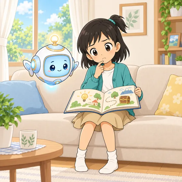 ミオが、なぞなぞの本を開いて考えこんでいる。
