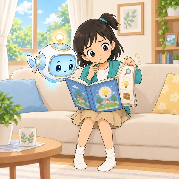 ミオが、後ろのヒントのページを開こうか迷っている。