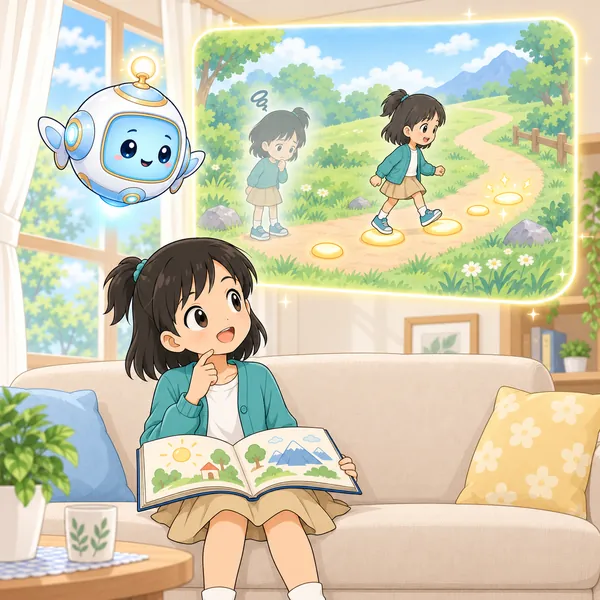 AIロボットが、道のとちゅうに光る小石が置かれる絵を見せている。