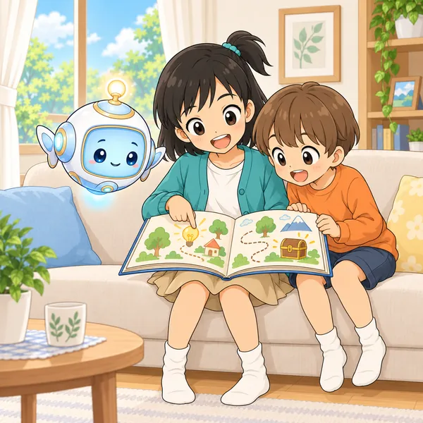ミオがうれしそうにページを指さし、弟がのぞいている。