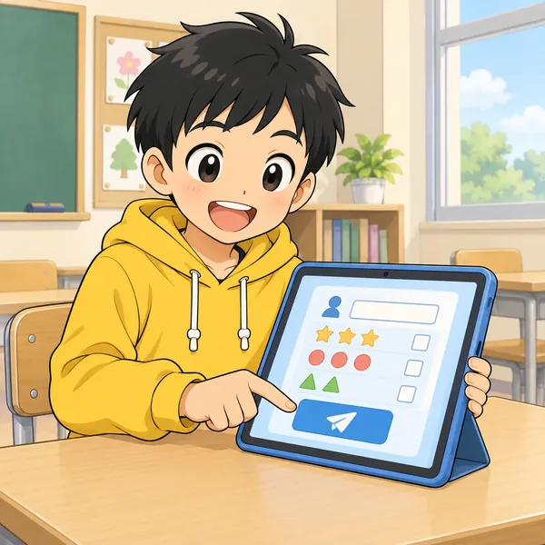 教室。ハルがタブレットで宿題を打ち終え、うれしそうに提出ボタンを押そうとしている