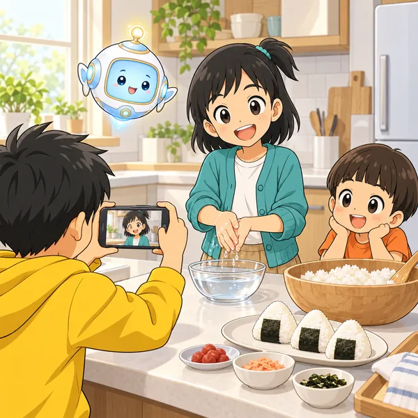 キッチンでミオがおにぎりのにぎり方を見せ、弟が見ていて、ハルが撮っている。