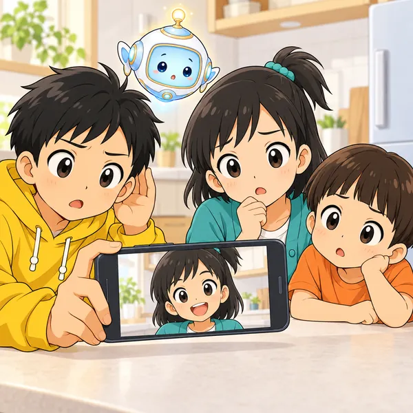 撮った動画の音が小さく、ハルとミオとミオの弟が首をかしげている。