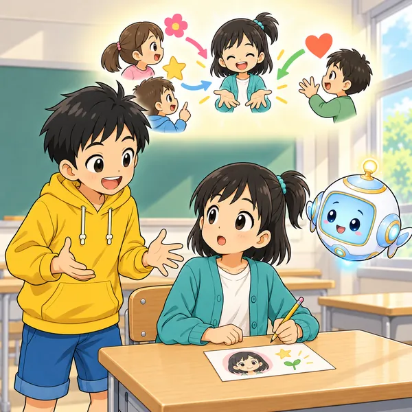 ハルが、ミオは班のみんなの話をまとめるのが早い、と話している。