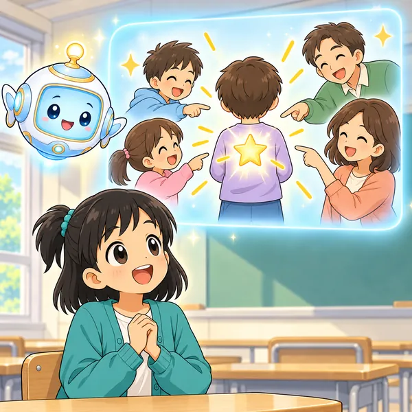 AIロボットが、本人には見えない背中の星を、まわりの人が見つけている絵を見せている。