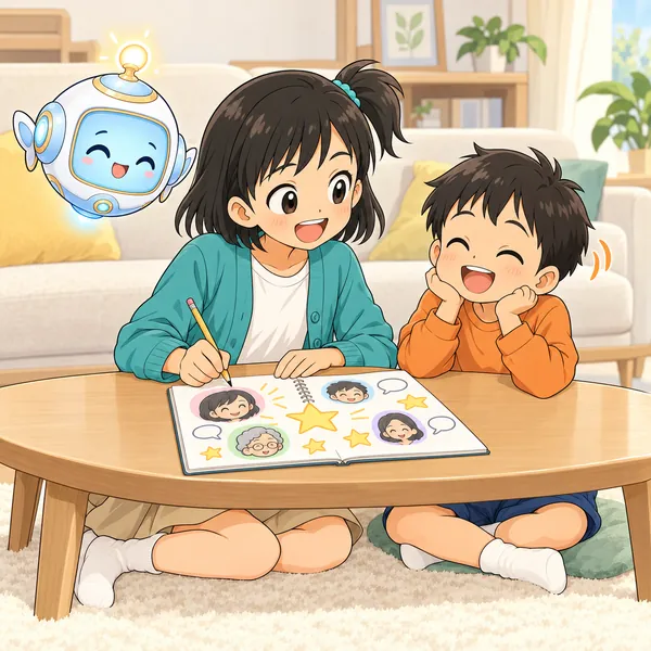家で弟がうなずき、ミオが帳面にマークをかいてメモしている。