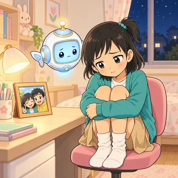 夜、友だちとけんかしたミオが、部屋でしょんぼりしている。