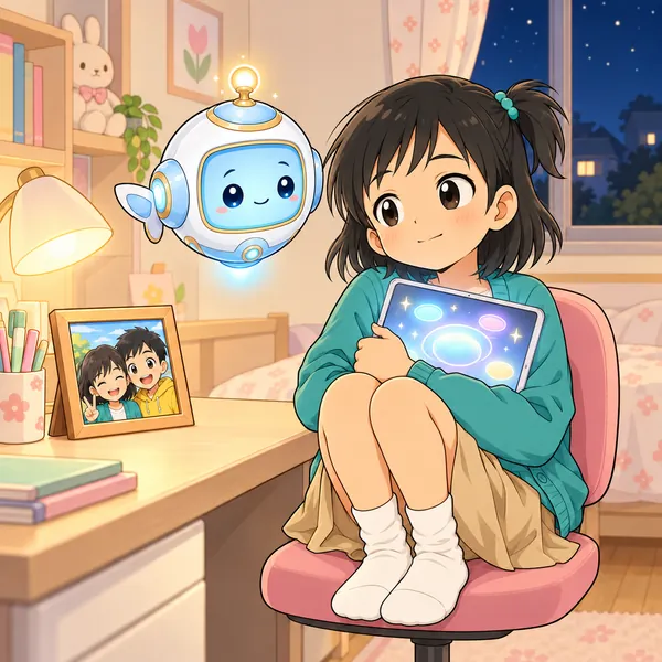 ミオがタブレットを胸にだいて、少し落ち着いて考えている。