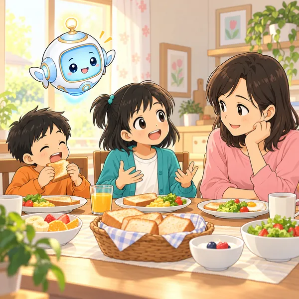 朝の食卓で、ミオが母に話し、母がうなずいて聞いている。