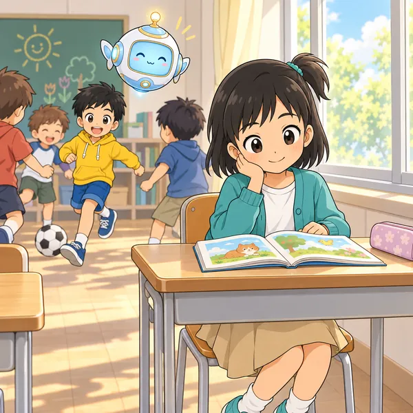 休み時間の教室。ミオが窓ぎわの席で一人、静かに本を読んでいる