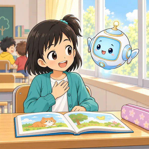 アイがミオのそばに浮かび、やさしく話しかけている
