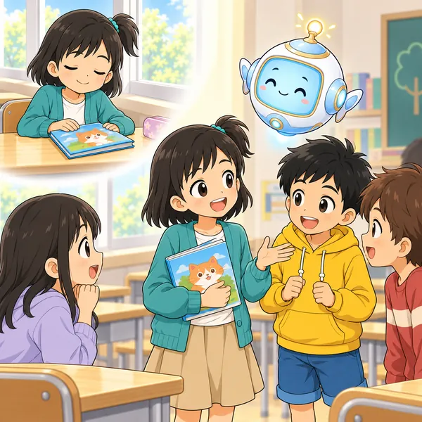 ミオが本を読み終えて満足そうな笑顔。そのあとハルたちのところへ行って、読んだ話を楽しそうに話している