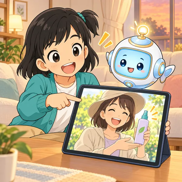 ミオが、虫よけの体験談の動画を見て、これだと指さしている。