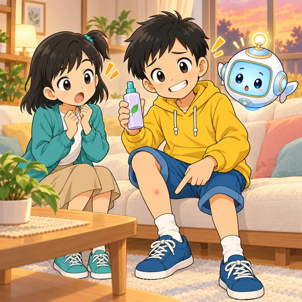 ハルが、同じ虫よけを使ったのにさされた足を見せて苦笑いしている。